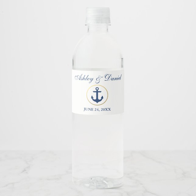 Nautical Wedding Navy Blue White Gold Water Bottle Label (Front)