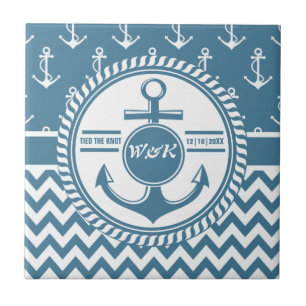 Nautical Wedding or Anniversary Anchor Chevron Tile