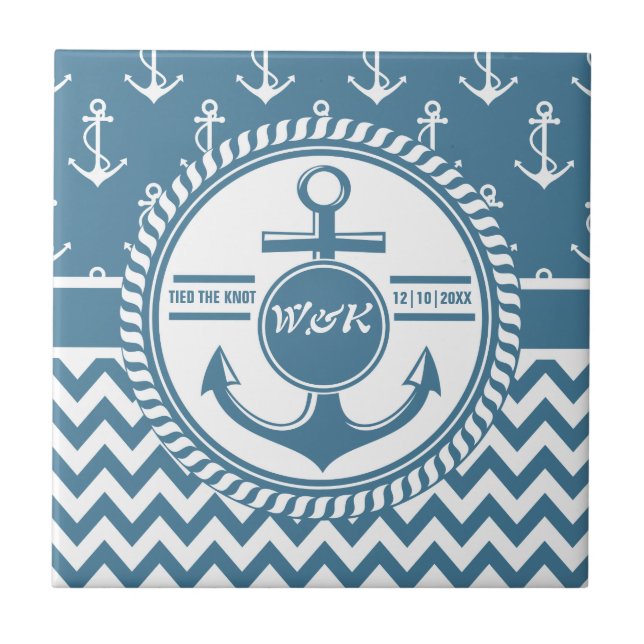 Nautical Wedding or Anniversary Anchor Chevron Tile (Front)