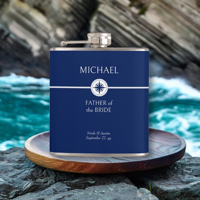 Nautical Wedding Party Gift Blue and White Hip Hip Flask (Nautical wedding father of the bride gift - personalize for any member of your wedding party)