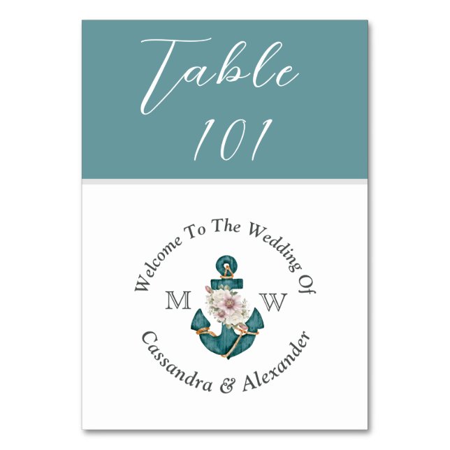 Nautical Wedding Powder Teal Aqua Blue Table Number (Front)