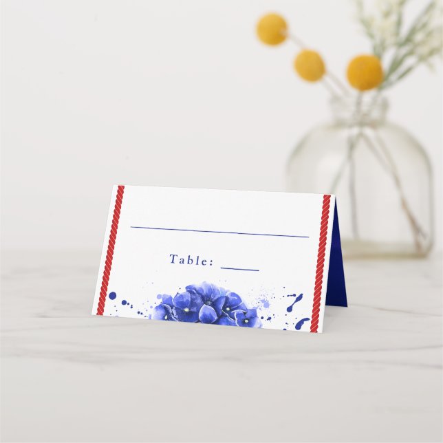 Nautical Wedding Red Blue Hydrangea Paint Drip Place Card (Front)