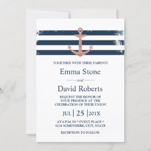 Nautical Wedding Rose Gold Anchor Navy Stripes Invitation