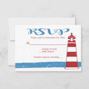 Nautical Wedding RSVP Red Lighthouse Blue Stripes Card