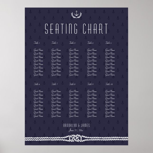 Nautical Wedding Seating Chart 18x24 Blue Anchors (Front)
