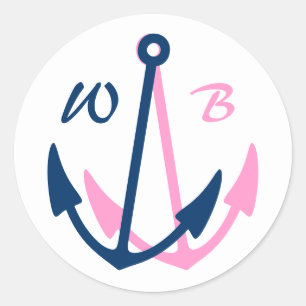 Nautical wedding stickers with monogrammed anchors