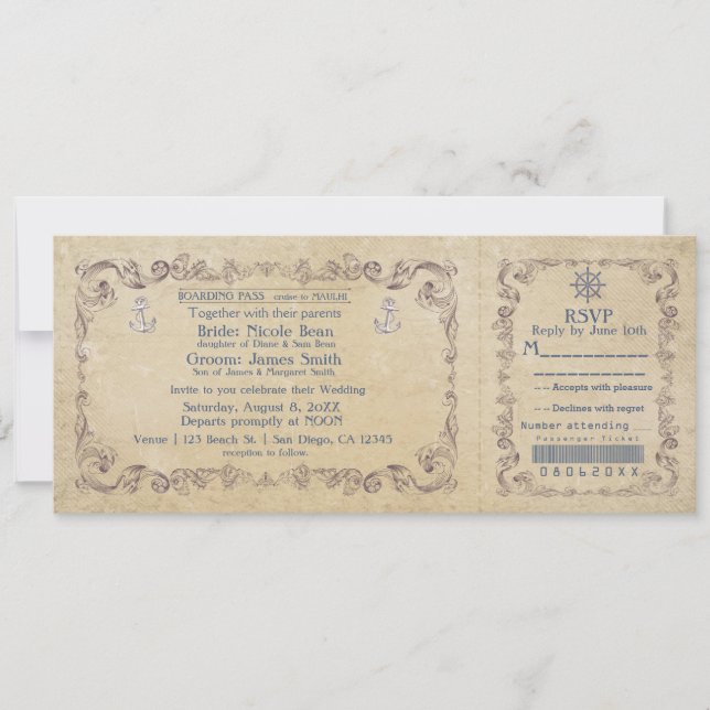 Nautical Wedding Vintage Cruise Ticket Invitation (Front)