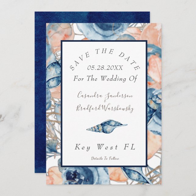 Nautical Wedding Watercolor Sea Shells Roses Invitation (Front/Back)