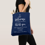Nautical Wedding Welcome Thank You Hotel Custom Tote Bag<br><div class="desc">Your wedding and out of town guests will feel special with this nautical welcome/thank you tote bag featuring a white anchor. Personalise the bag by adding your wedding location, 2 lines of custom text and your names. Easily change the bag colour to match your wedding colours - just click on...</div>
