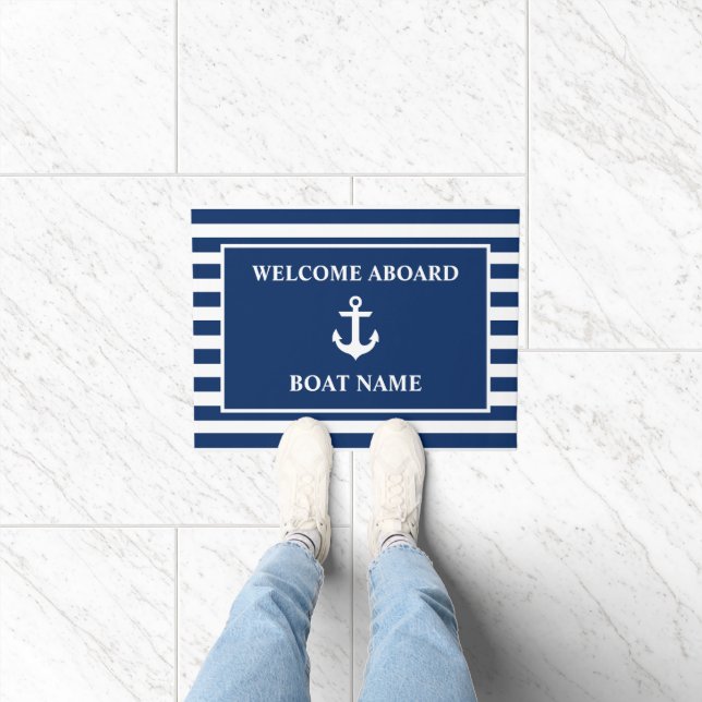 Nautical Welcome Aboard Anchor Navy Blue Striped Doormat (Indoor)