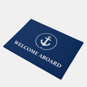Nautical Welcome Aboard Anchor Rope Navy Blue Doormat