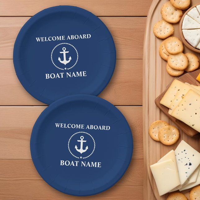 Nautical Welcome Aboard Boat Name Anchor Rope Blue Paper Plate (Customize to change text size, text style or background color.)