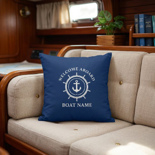 Nautical Welcome Aboard Boat Name Anchor Rope Helm Cushion