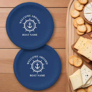 Nautical Welcome Aboard Boat Name Anchor Rope Helm Paper Plate
