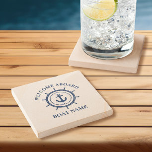 Nautical Welcome Aboard Boat Name Anchor Rope Helm Stone Coaster
