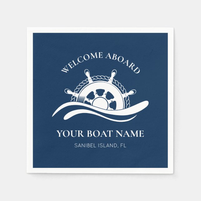 Nautical Welcome Aboard Boat Name Ship Wheel Napkin (Front)