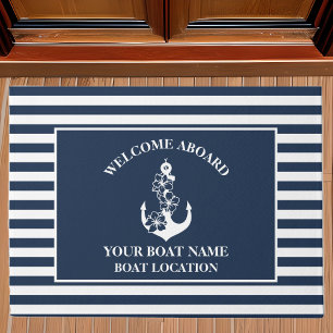 Nautical Welcome Aboard Floral Anchor Navy Striped Doormat