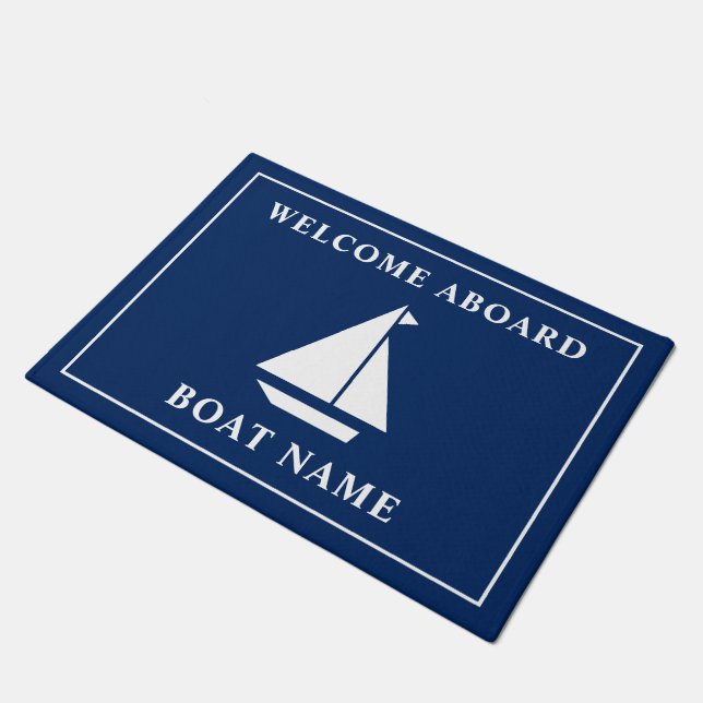 Nautical Welcome Aboard Navy Blue Boating Name Doormat (Angled)