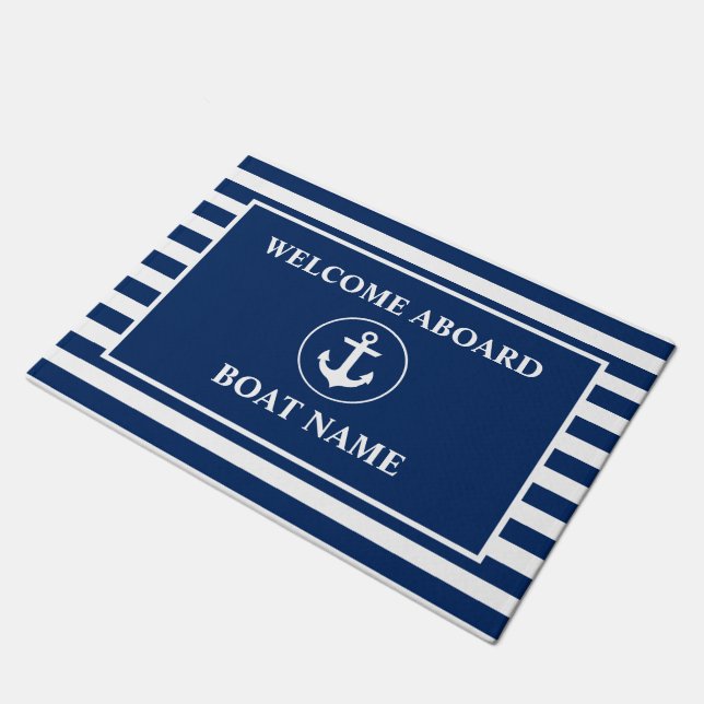 Nautical Welcome Aboard Navy Blue Striped Anchor Doormat (Angled)