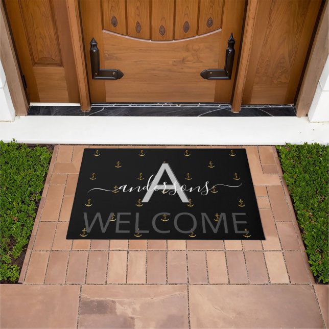 Nautical welcome black gold anchor boat monogram doormat (Outdoor)