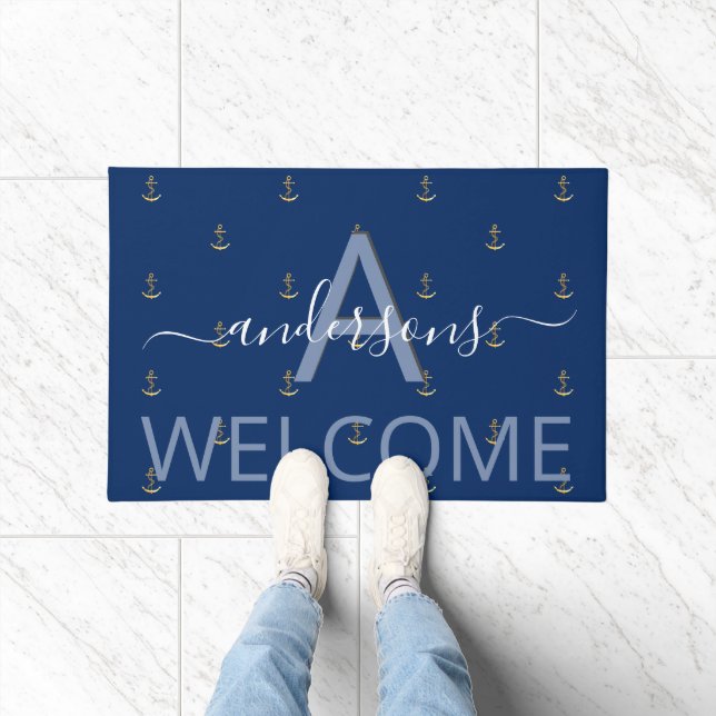 Nautical welcome blue gold anchor boat monogram doormat (Indoor)