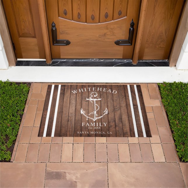 Nautical Welcome Family Name Anchor Brown Wood Doormat (Outdoor)