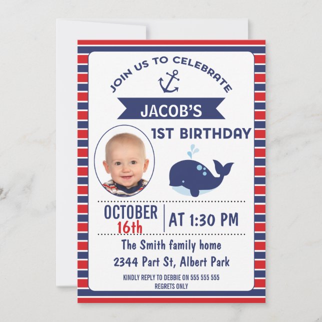 Nautical Whale 1st Birthday Party Invitation (Front)