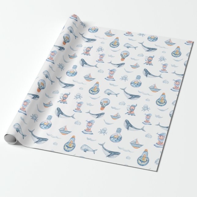Nautical Whale and Lightbulb Watercolor Pattern Wrapping Paper (Unrolled)