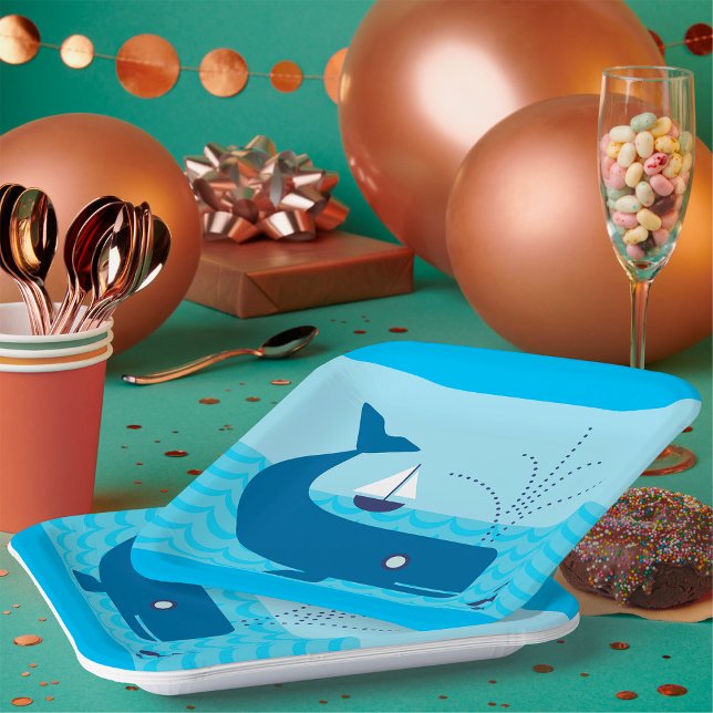Nautical Whale and Sailboat Ocean Blue Sea Paper Plate (Creator Uploaded)