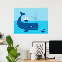 Nautical Whale and Sailboat Ocean Blue Sea