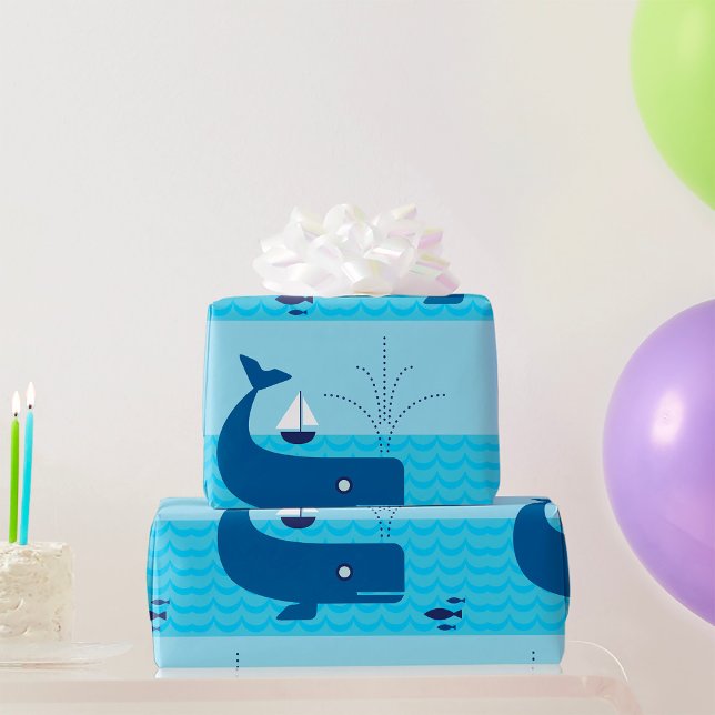 Nautical Whale and Sailboat Ocean Blue Sea Wrapping Paper (Creator Uploaded)