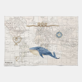 Nautical whale and world map tea towel