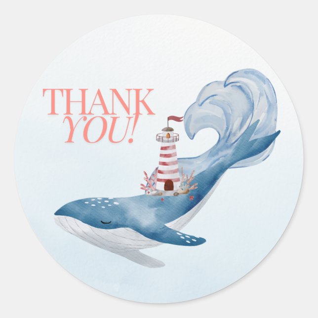 Nautical Whale Baby Shower Favour Thank You Sticke Classic Round Sticker (Front)