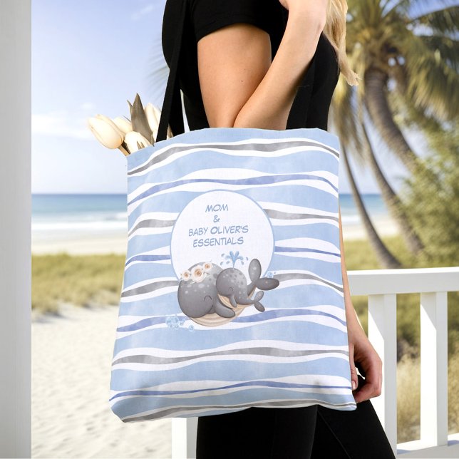 Nautical Whale Blue Summer Name Baby Essentials Tote Bag (Nautical Whale Blue Summer Name Baby Essentials Tote Bag)