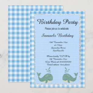 Nautical Whale Blue White Check Birthday Party Invitation