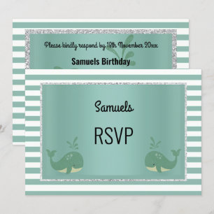 Nautical Whale Green White Stripe Birthday RSVP Invitation