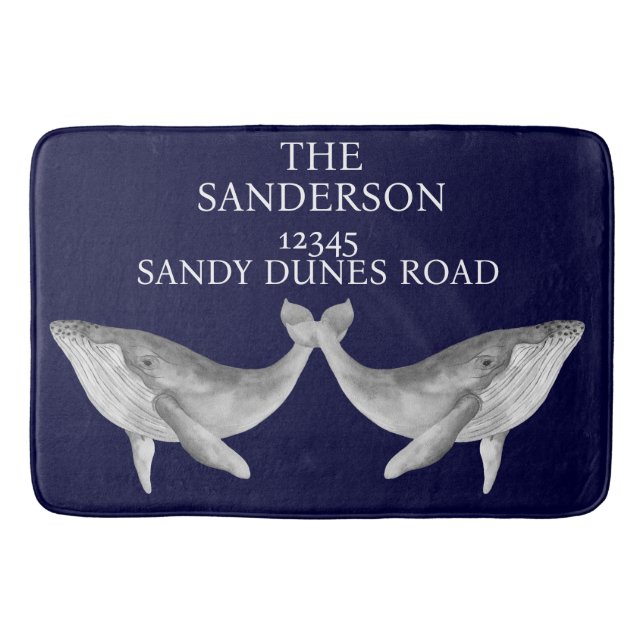 Nautical Whale Navy Grey Blue and White Bath Mat (Front)