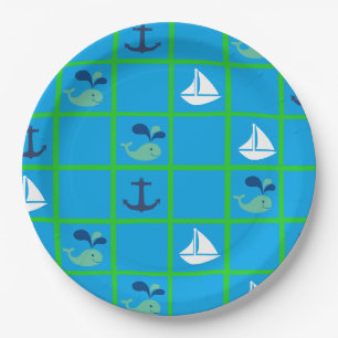 Nautical Whale, Sailboat, Anchor Blue Green Plates