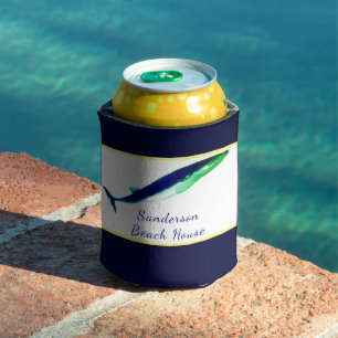 Nautical Whale Watercolor Navy Blue Yellow coastal Can Cooler