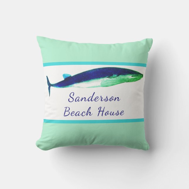 Nautical Whale Watercolor Teal green blue coastal  Cushion (Front)
