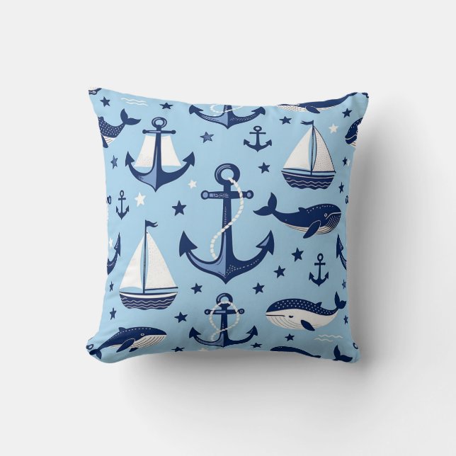 Nautical Whales Anchors Sailboats Pattern Cushion (Front)