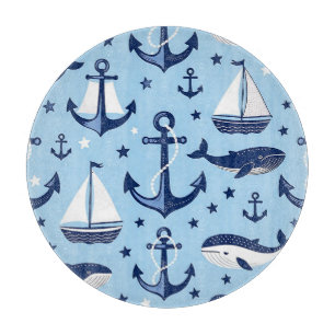 Nautical Whales Anchors Sailboats Pattern Cutting Board