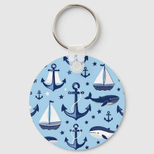 Nautical Whales Anchors Sailboats Pattern Key Ring