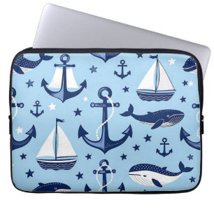 Nautical Whales Anchors Sailboats Pattern Laptop Sleeve