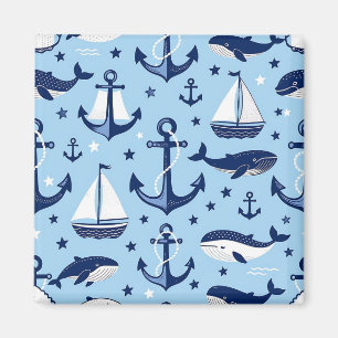 Nautical Whales Anchors Sailboats Pattern Magnet
