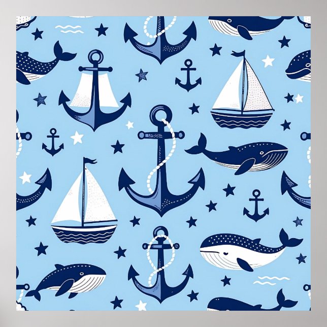 Nautical Whales Anchors Sailboats Pattern Poster (Front)