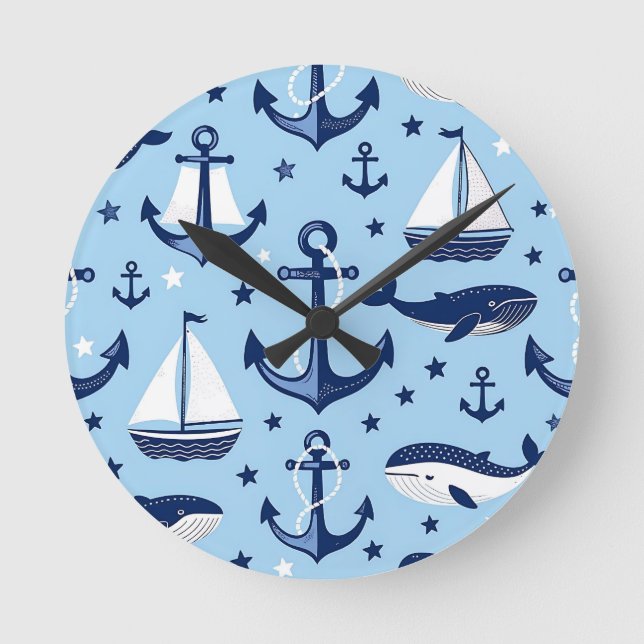 Nautical Whales Anchors Sailboats Pattern Round Clock (Front)