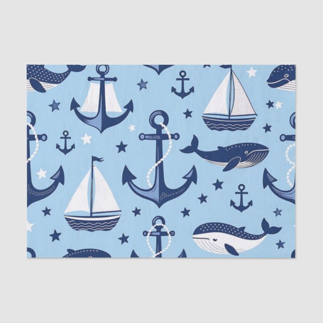 Nautical Whales Anchors Sailboats Pattern Tissue Paper (Front)
