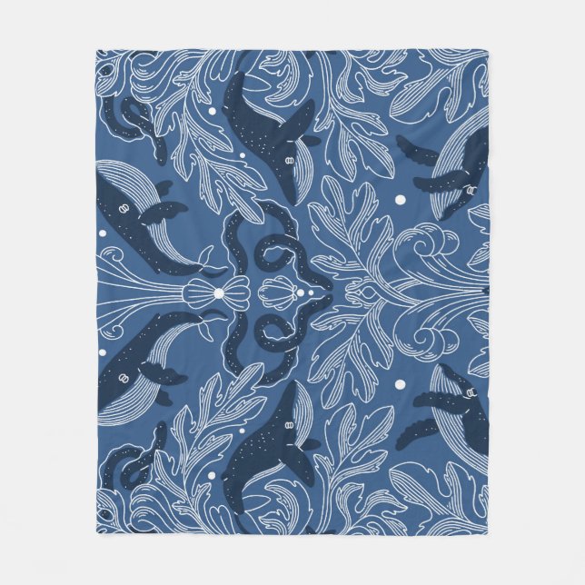 Nautical whales, damask texture pattern. fleece blanket (Front)