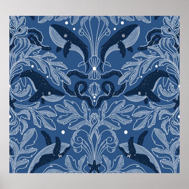Nautical whales, damask texture pattern. poster (Front)